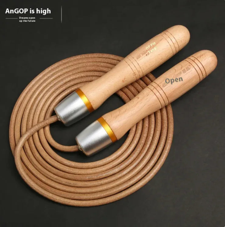 Fitness Weight Loss Cowhide String Beech Handle Skipping Rope